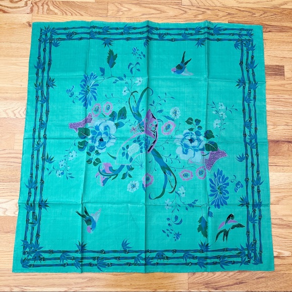 Green Blue Thai Silk Scarf 35” Floral Bird Bamboo - Picture 1 of 12